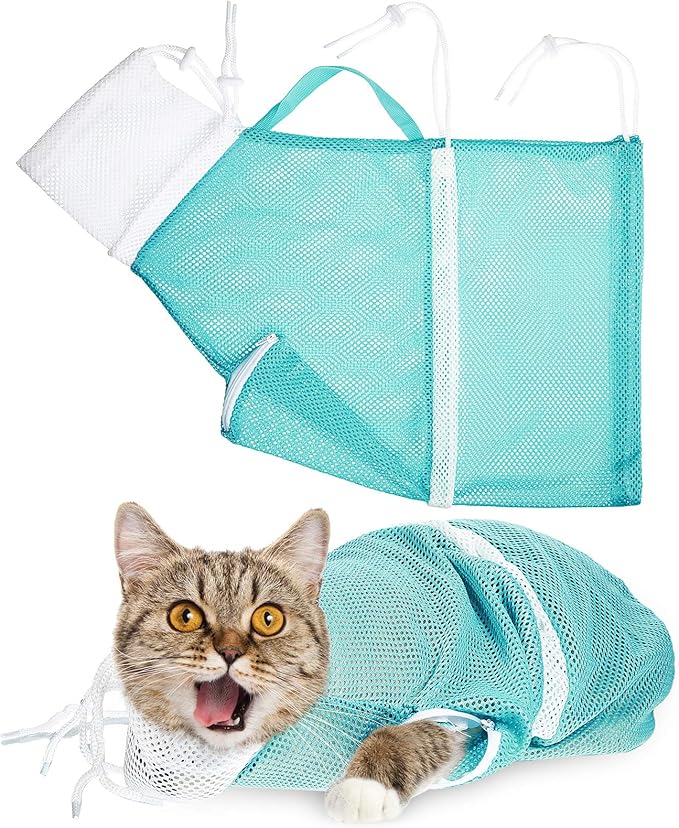 Cat Shower Net Bag Grooming Bathing Adjustable Washing Bag Multifunctional Cat Restraint Accessories Prevent Biting Scratching, Nail Trimming, Ears Clean, Keeping Calm(Green)