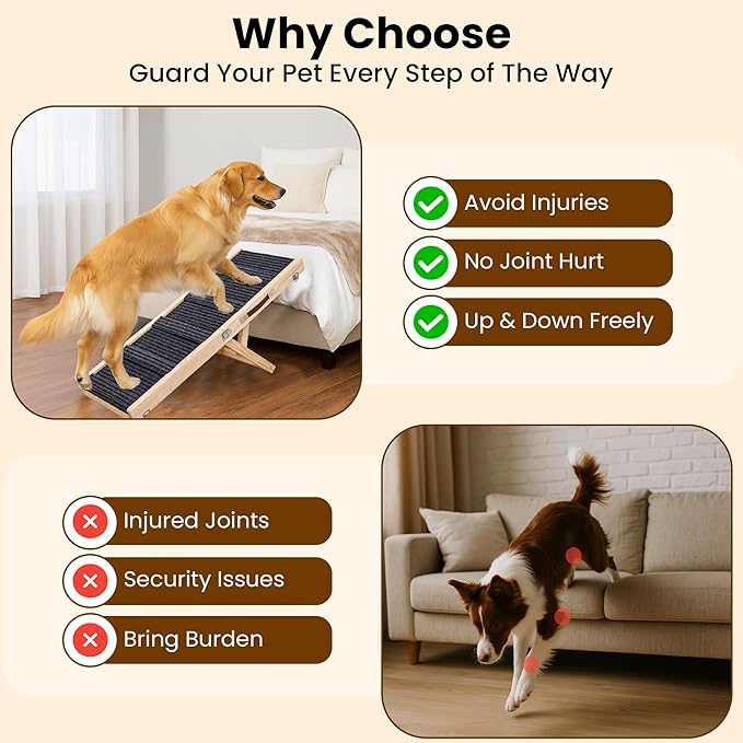 Upgraded 2026 Adjustable Dog Ramp 34.65" Foldable Pet Ramp with 5 Heights 13.6–21.5", Non-Slip Carpet & Leather Handle – Ramp for Bed, Couch & Sofa