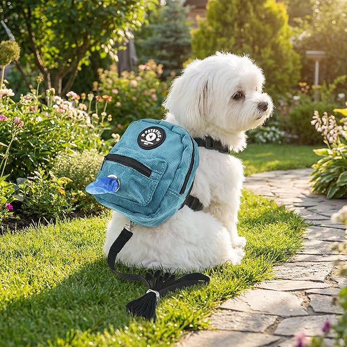 FLAdorepet Dog Backpack Harness with Leash, Dog Poop Bag Dispenser, Pet Self Carrier Adjustable Travel Hiking Walking Harness Backpack for Small Medium Dogs (L(Fit:10-15lb), Blue)