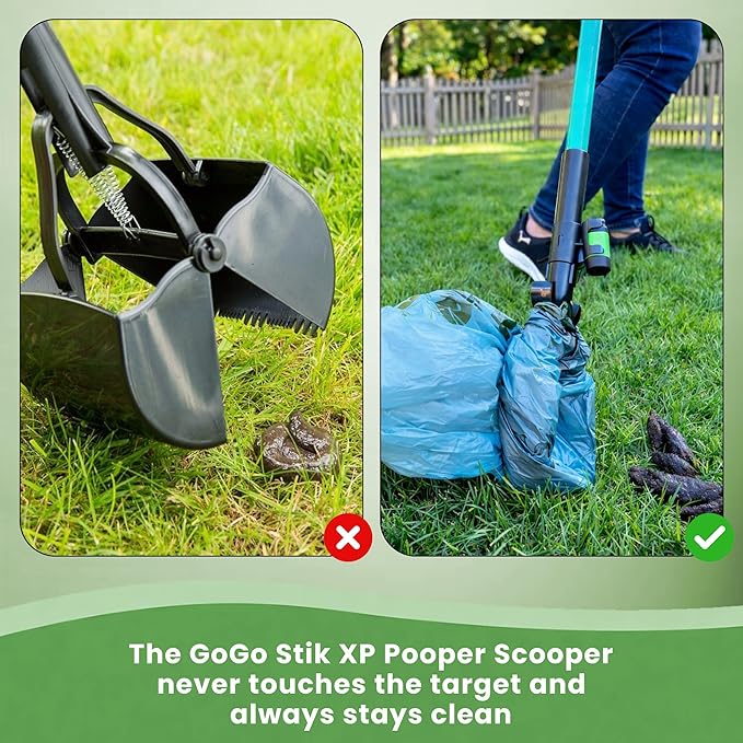 GoGo Stik XP Consumer Reports #1 Rated Ergonomic Scooper 2023-2026. Quick, Clean, & Convenient Pro Pooper Scooper for All Dog Pet Waste Cleanup. Use Store Bags or Heavy Dootie Bags.