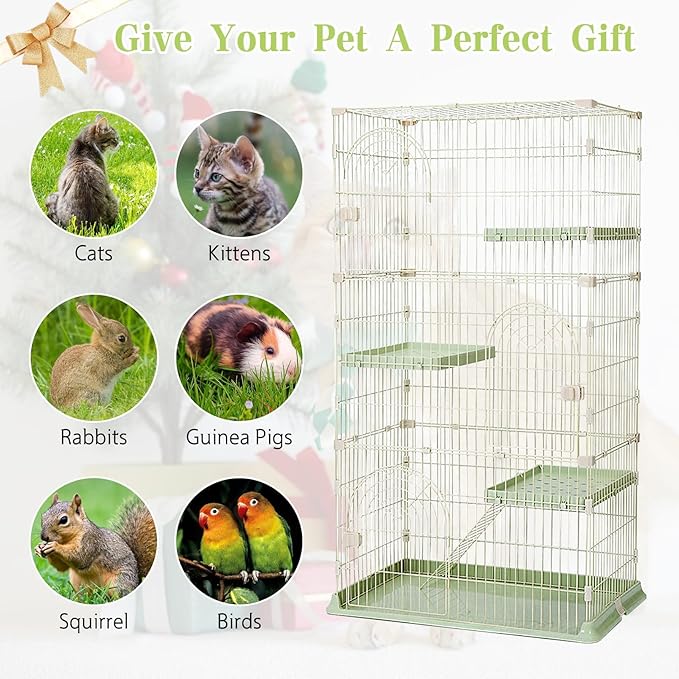 Hamiledyi 4-Tier Cat Cage Indoor Large Cat Enclosure with 1 Ramp Ladders 3 Platforms 3 Doors Metal Cat Playpen Outdoor Kitten Cage for 1-3 Small and Medium Pets (Green)