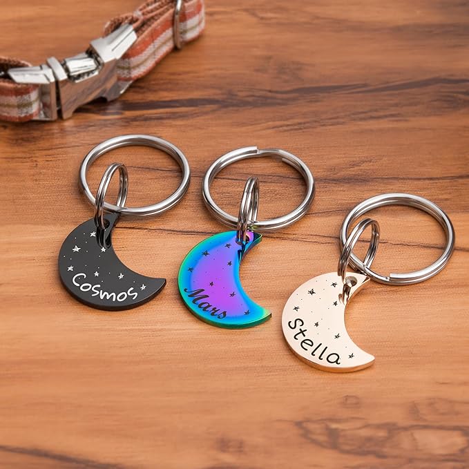 Anavia Small Size Dog Cat ID Tags, Small/XS Personalized Color Plated Stainless Steel Puppy Kitten Name Tags, Customized Engraved Nameplate Pet Collar Tag (Blue, Moon)