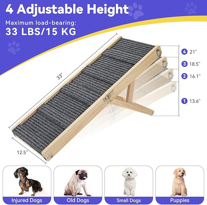 2026 Upgraded Dog Ramp for Couch, Foldable Small Dog Ramp for Sofa, 4 Adjustable Height from 13'' to 21", Portable Stable Pet Steps with Non-Slip Pad, Pet Ramps Use for Sofa Couch Stairs