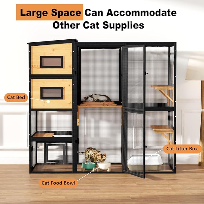 Large Indoor Cat Catio, 4 Tier Outdoor Cat Enclosures House for Cats with Waterroof Roof, 3 Resting Rooms, 3 Platforms, Cats Catio Connect to Window with 2 Large Door, Feral Pet Shelter, Black