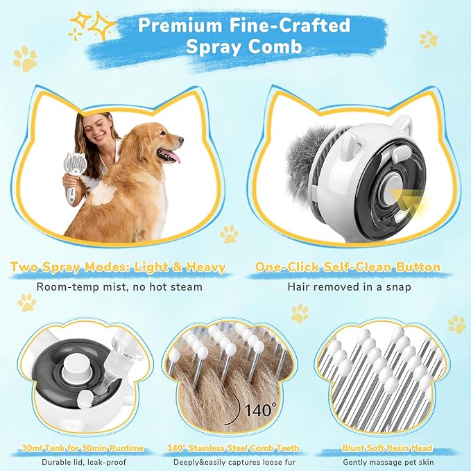 10in1 Pet Mist Spray Brush for Cat & Dog, Hair Health & Grooming Set with 100ml Waterless Shampoo, Nail Clippers, Toothbrush, Comb, Cat Scratcher with Catnip, Eye Ear Paw Dry Wipes & Gloves, Gift-Set