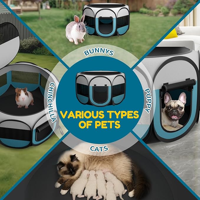 Portable Cat Playpen for Indoor Enclosed: Foldable Pet Playpen for Cat Small Dog Indoor Outdoor with Zipper Top Cover - Pop Up Puppy Kitten Tent Crates Cage Kennel with Carrying Case (Blue/White)
