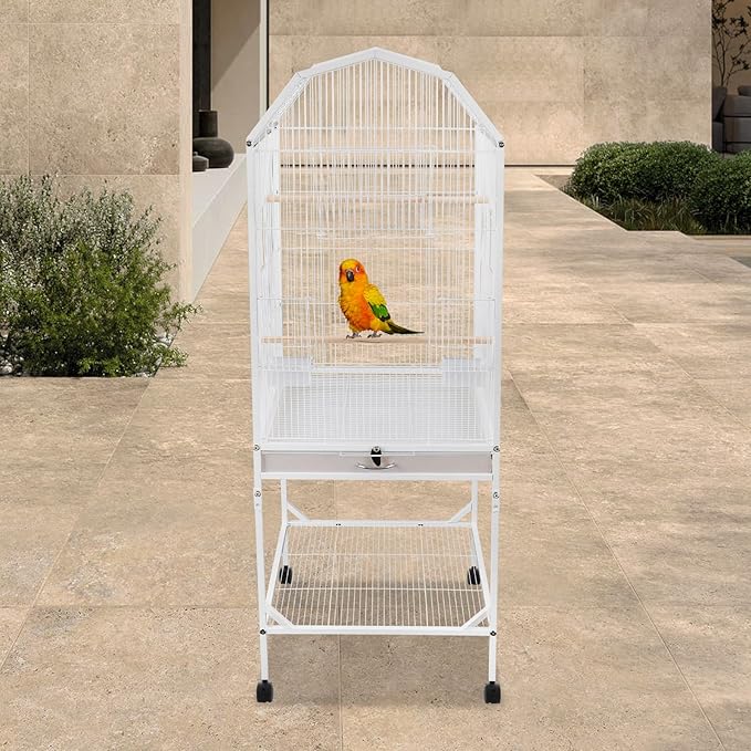 Large 46" Rolling Bird Cage for Mid-Sized Parrots with Detachable Stand, 4 Universal Wheels & Removable Tray, Iron Birdcage for Cockatiels, Parakeets, Finches (White)