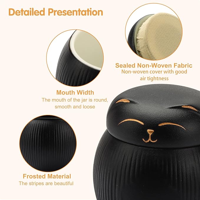 Ceramic Cat Urn for Ashes - Pet Memorial Box with Secure Lid, Funerary Urns Cremation Keepsake for Cats (15 lbs)（Black）