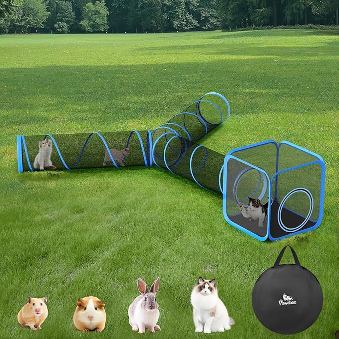Outdoor Cat Enclosures for Cats Indoor, Patio Portable Mesh Cat Tunnel, Playhouse with Free Carry Bag for Multiple Cats and Small Animals, Blue + Black