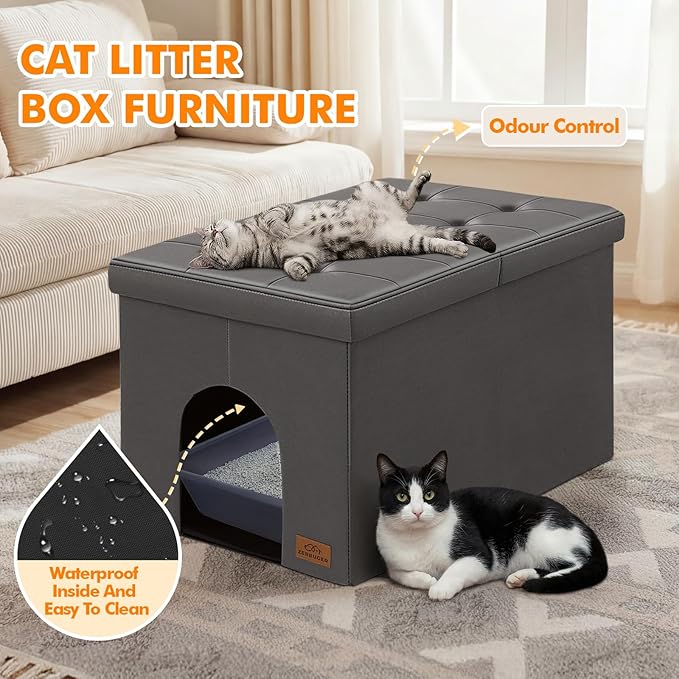 Cat Litter Box Enclosure Furniture for Odor Control, Hidden Cabinet Cat Litter Box Furniture Ottoman with Flip-Up Lid,Cats Litter Box Bench with Storage Space, Dog Proof (Gray-Faux Leather, X-Large)