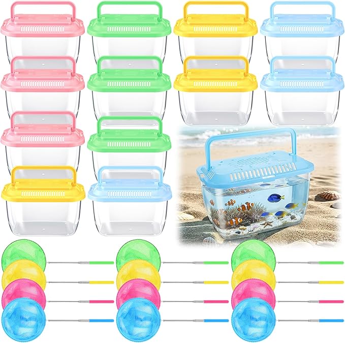24 Pcs Plastic Fish Bowls with Ventilated Lids and Fishing Nets Bulk Set Include 12 Fish Bowl with Handle and 12 Fishing Nets for Collecting Fishes Crabs Sea Creatures for Summer Beach Party Favors