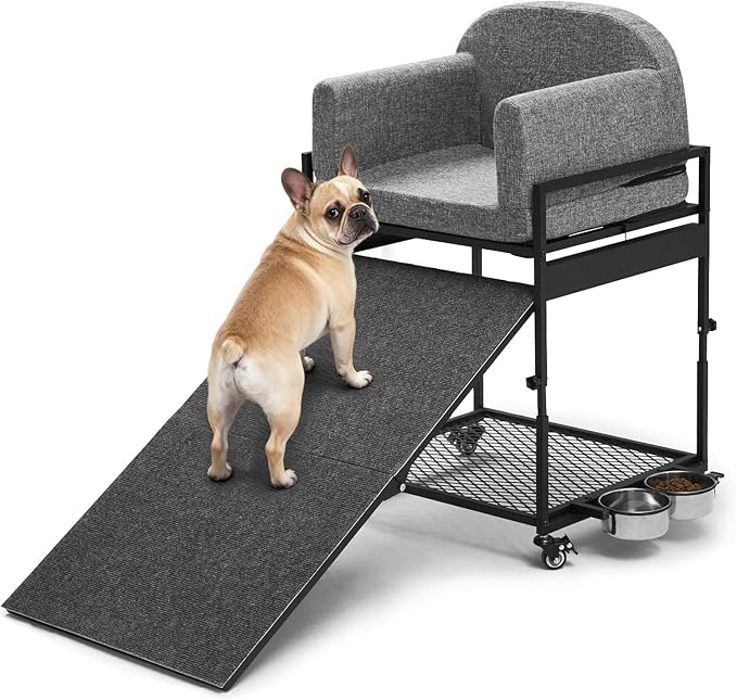 Dog Stairs Ramp, Seatmate Chairs for Dogs, Adjustable Two-Folded Extra Wide Seat Mate Chair Ramps, Non-Slip Dog Window Perch with Stairs for High Bed Window Office, Grey Ladder Perch, Load Capacity
