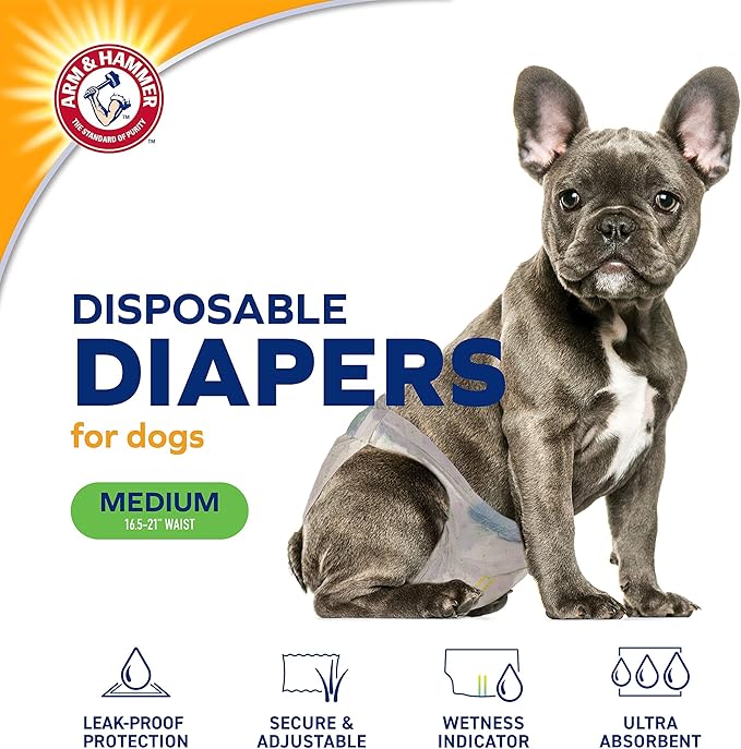 Arm & Hammer for Pets Disposable Female Dog Diapers with Odor Control and Wetness Indicator, Leak Resistant Dog Diapers for Incontinence and Heat Cycles, Size Medium 16.5–21 in Waist, 12 Count - 2 Pk