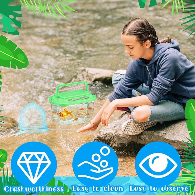 24 Pcs Plastic Fish Bowls with Ventilated Lids and Fishing Nets Bulk Set Include 12 Fish Bowl with Handle and 12 Fishing Nets for Collecting Fishes Crabs Sea Creatures for Summer Beach Party Favors