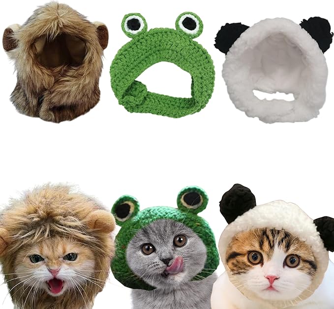 3pcs Hat for Cat Animal Costume Pack, Lion Head for Cats, Cat Panda Costumes, Frog Costume for Cats, Adjustable Washable Soft Small Pet Headwear Accessory, Costumes Pet Clothes (Lion, Panda, Frog)