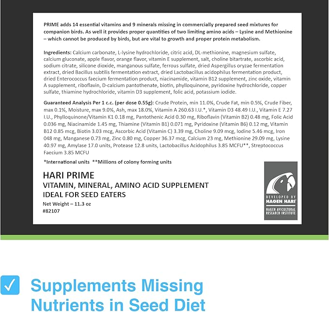 Hari Prime Parrot Vitamin, Mineral and Amino Acid Supplement for Seed Eating Birds, 11.3oz