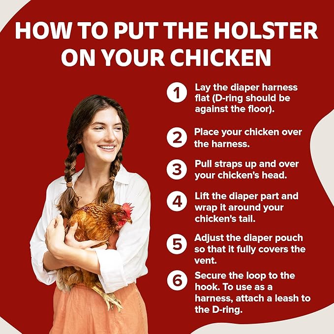 Hen Holster Wrap-Around Bird Diaper & Harness for Hens, Roosters, Ducks - with Removable Vinyl Liner, Adjustable Fit for Outdoor Adventures & Indoor Use - Easy to wear - Large, Red Bandana