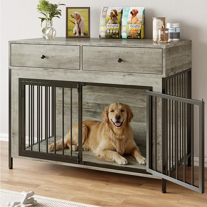 PUKAMI 44inch Large Dog Crate Furniture with Drawers, Wooden Dog Kennel Furniture for Indoor use, Grey End Table Dog House, for Small/Medium/Large Dog