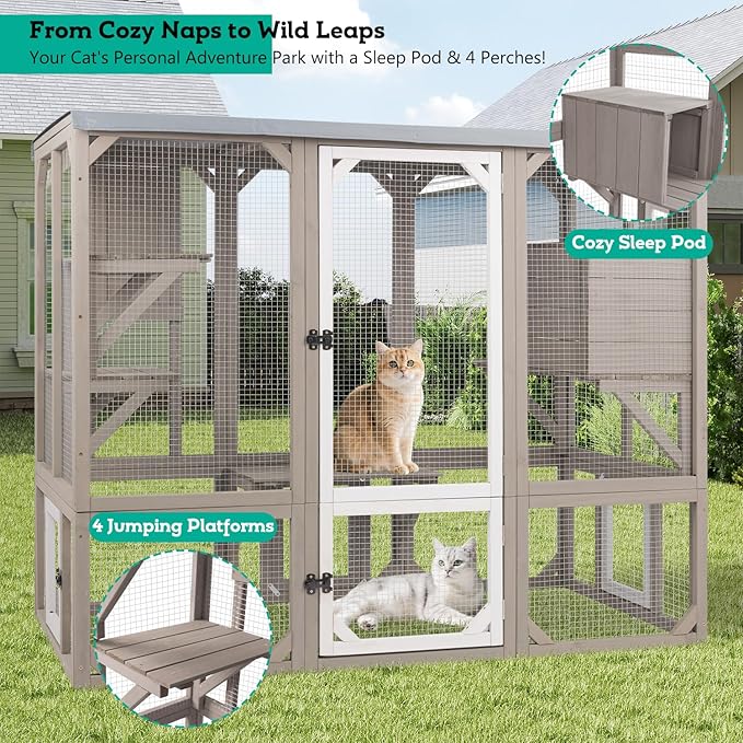 Large Catio Outdoor Cat Enclosure Window Access, Wooden Kitty Cage with Resting Room & 3 Platforms for Multiple Feral Cats, Cat House Attached to Window, Pet's Door for Patio Indoor