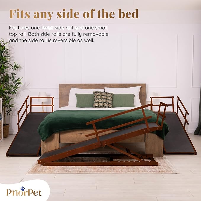 Dog Ramp for Bed with Safety Rails for High Beds up to 37" – Extra Wide 19.5" Adjustable Dog Bed Ramp for Large Dogs up to 200 lbs – Solid Birchwood, Non-Slip Rubber Surface, Foldable Design – Walnut