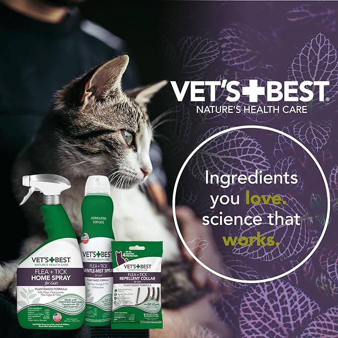 Vet's Best Natural Flea and Tick Spray for Cats and Home – Plant-Based Pest Control with Certified Essential Oils – Safe Indoor Flea Treatment for Cat Households – 96 oz Refill Bottle – Made in USA