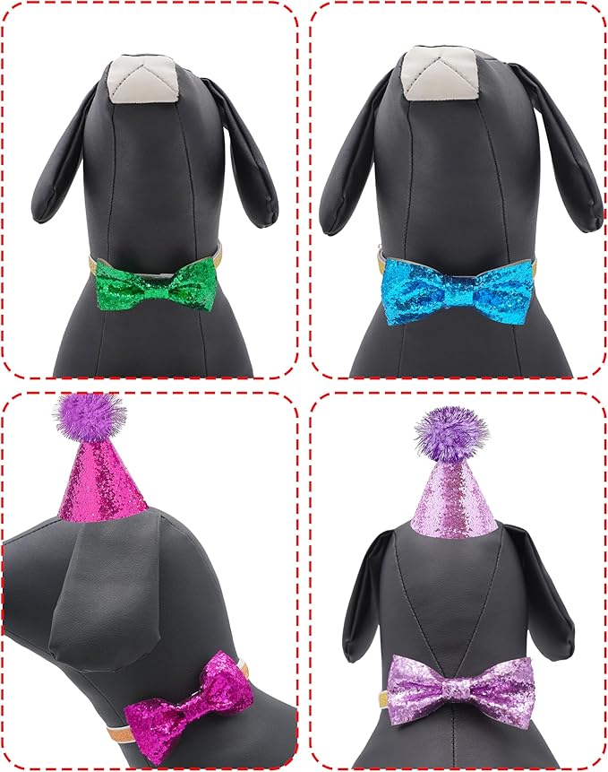 PET SHOW 20 Pack Mini Small Dog Birthday Hats Collar Bowties Glitter Set Adjustable Cat Party Headband and Bow Ties with Elastic Straps for Stuffed Animals Puppy Kitten Pet Costume Accessories