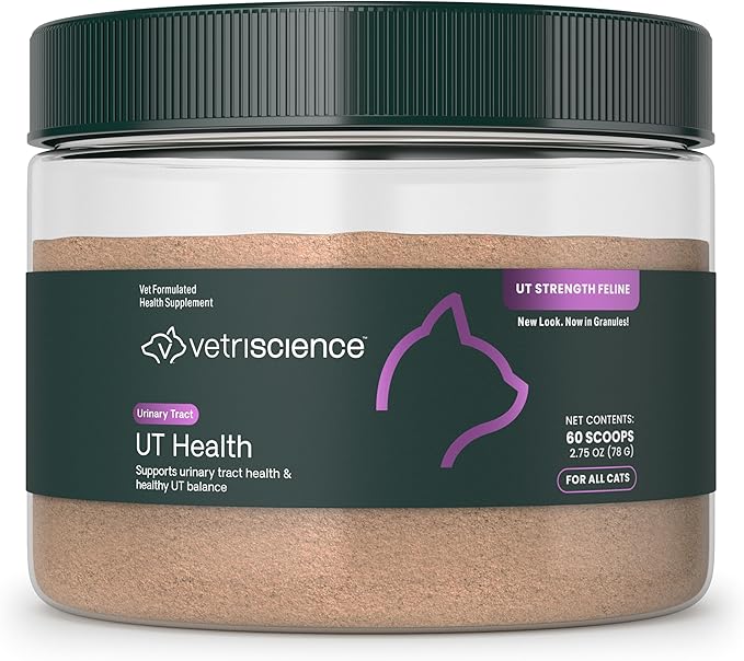 VetriScience UT Health Powder, UT Strength Cranberry D-Mannose Bladder and Urinary Tract Supplement for Cats, Bromelain and Probiotics, Healthy Mineral Balance, Chicken & Cheese, 60 Scoops