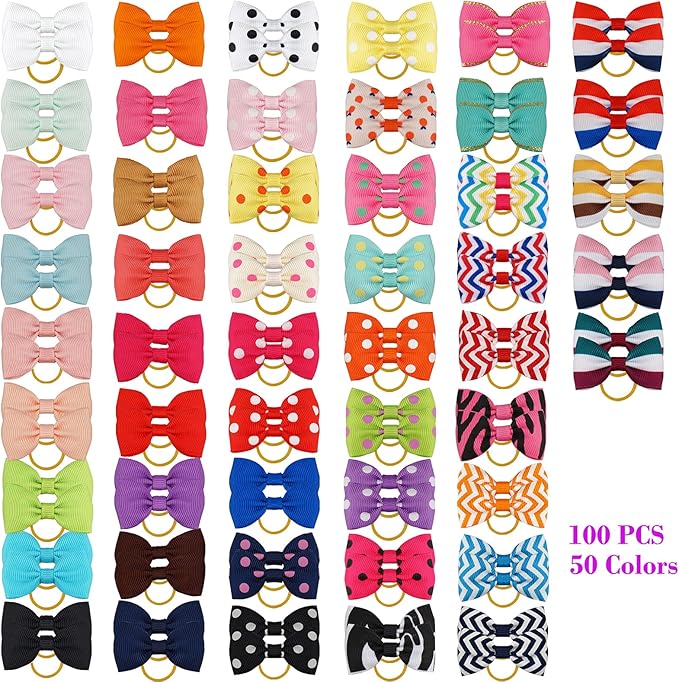 Yxiang 100PCS Cute Pet Grooming Accessories - Colored Polka Dot Hair Bows with Rubber Bands for Small Dogs and Puppies like Yorkies - 50 Pairs