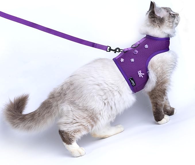 Cat Harness and Leash for Walking Escape Proof Breathable Mesh Fabric, Purple, Extra Large, Adjustable Cat Walking Jackets with DIY Beads, Padded Stylish Cat Vest