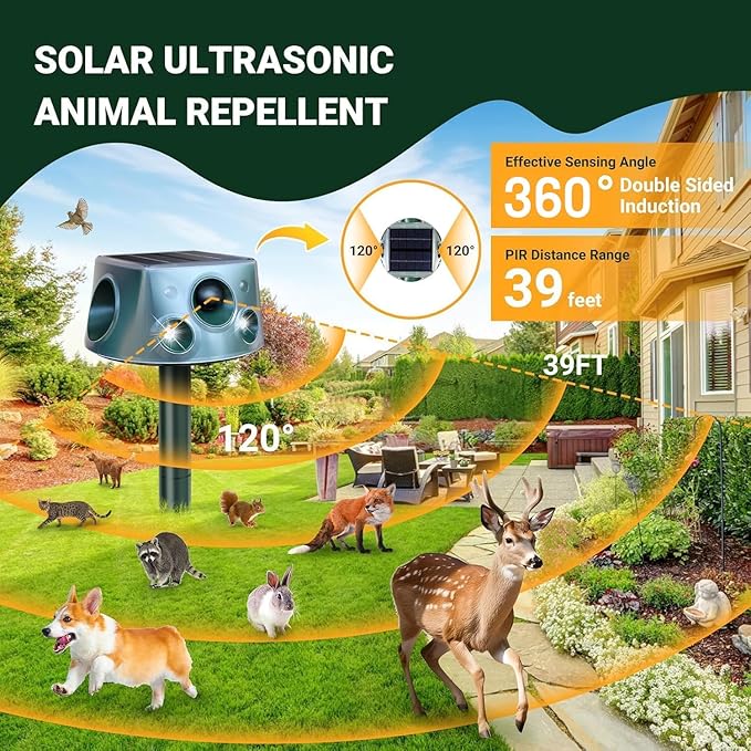 Upgraded 360° Solar Animal Repellent: Cat Repellent Outdoor | Ultrasonic Pest Repeller with Motion Detection & PIR Sensors | Squirrel Repellent for Sankes, Raccoons, Dogs, Skunk, Rabbit, Rodent IP66