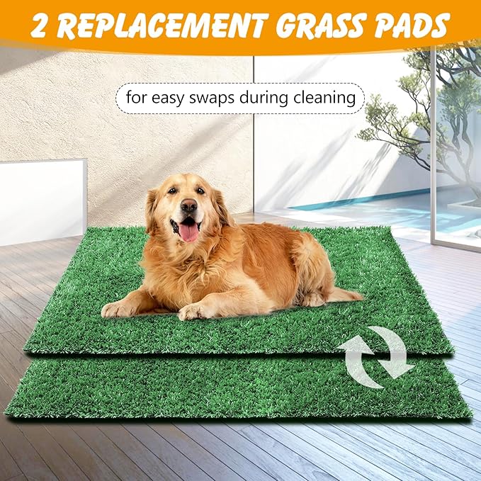 Dog Grass Pad with Tray,35x23in Dogs Potty Tray with 2-Pack Upgraded Replacement Artificial Grass,Dog Litter Box for Pet Training,Indoor Portable Pottys Pet Toilet