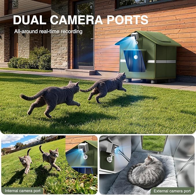 Outdoor Cat House for Outside with Camera Cat-Attracting Eave Design and Cat Toys Feral Stray Shelter Weatherproof in Garage Yard Porch (Include Camera)