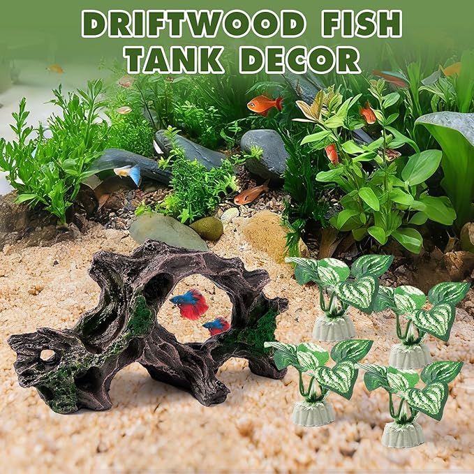 5pcs Driftwood Cave Aquarium Decor, Fish Tank Decorations Silk Aquarium Plants for Betta Fish Tank acccessories (Driftwood)