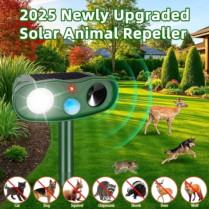 2Pack 2026 Solar Ultrasonic Animal Repellent Outdoor Cat Repellent Devices with Motion Detection&Flash Light Squirrel Rabbit Dog Cat Deterrent,Keep Rodent Chipmunk Raccoon Deer Away for Yard Garden