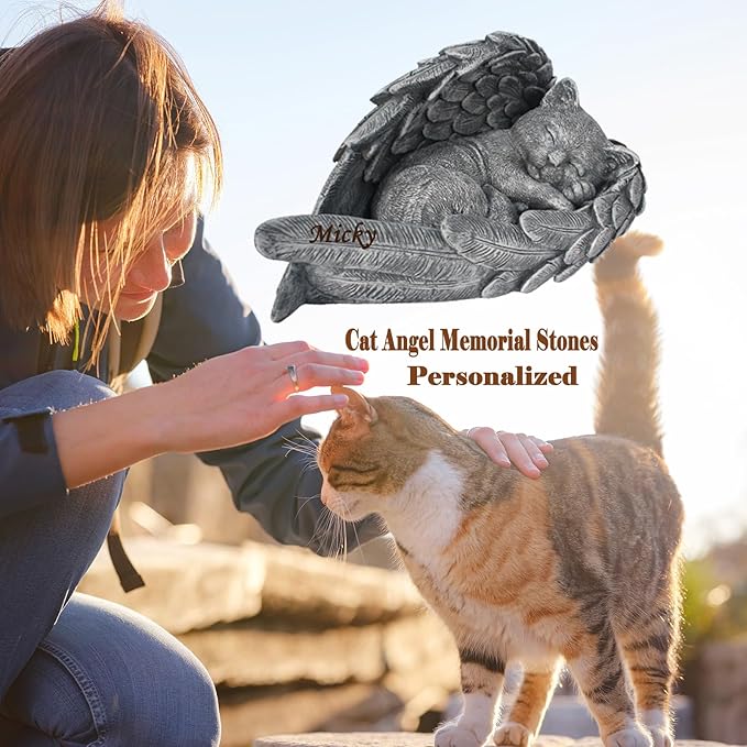 Personalized Garden Cat Memorial Stone - Peaceful Sleeping Kitten Angel Statue for Garden, Remembrance, cat memorial for graver and Loss - Pet Sympathy Gift，Cat Outdoor Memorial Gifts Gifts for Kitty