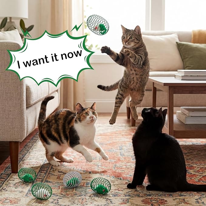 Jecery 5 Pcs Cat Spring Balls Toys Stretchable Rolling Balls Colorful Playful Coils Interactive Action Toy Caged Rats for Kitten Pet Supplies (Mouse,Green)