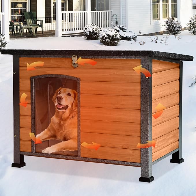 GUTINNEEN Extra Large Heated Dog House Outdoor Insulated Dog House Weatherproof Dog Kennel with Thermostat-Controlled Heating Pad, 6-Sided Thermal Liner, Chew-Proof Metal Frame for Large Dog Breeds,XL