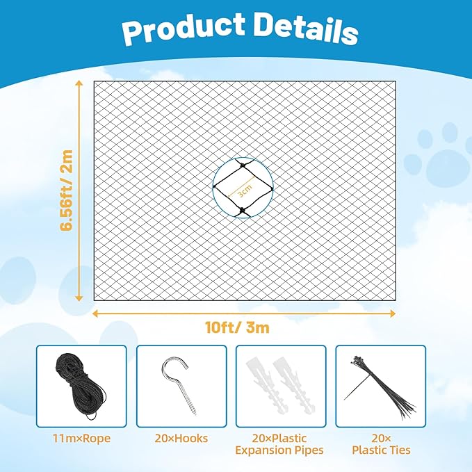 Lewondr Cat Netting Balcony, 10x20ft Steel Wire Reinforced Balcony Screen for Pets, Anti-Fall Pet Mesh Fence Cat Safety Net for Balcony, Window, Stair, Patio