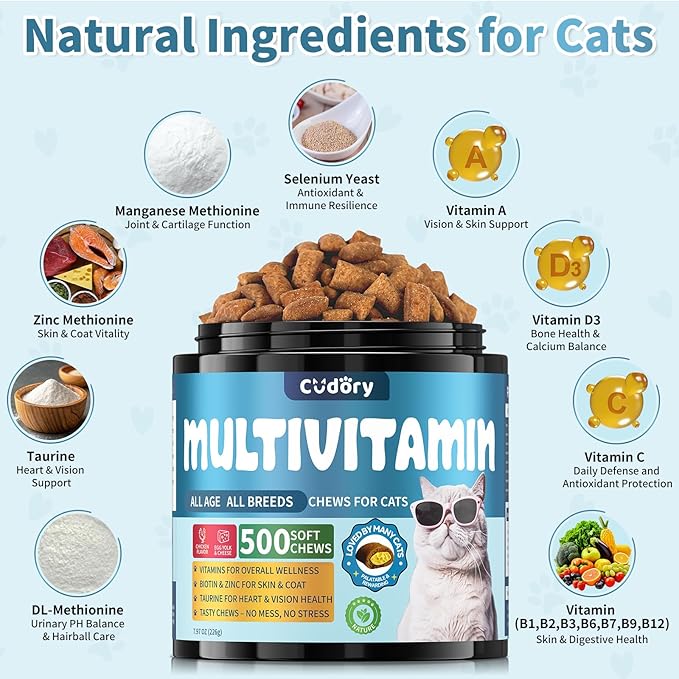 Taurine for Cats Vitamins Treats Snacks – Cat Multivitamin 500 Crunchy & Creamy Chews – Supports Immune, Joints, Digestion, Skin & Coat – Daily Healthy Supplement for Cats of All Ages (90-Day Supply)