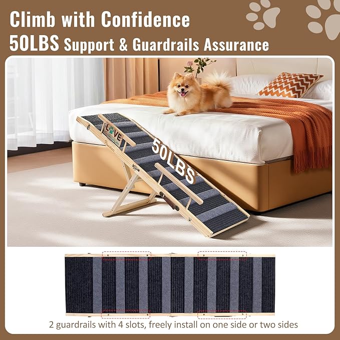 Pawaboo Dog Ramp for Small Dog, 57'' Foldable Dog Ramp for Bed, 5 Adjustable Height from 19.7'' to 30'', Portable Stable Pet Steps with Dogs Tag & Safety Side Rails, Pet Ramps for Bed Couch