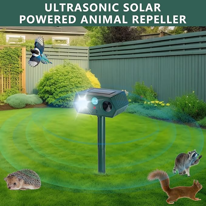 4Pack 2026 Ultrasonic Animal Repellent Outdoor Deer Repellent Devices Solar Animal Repeller Motion Activated Deterrent to Scare Cat Squirrel Rabbit Raccoon Skunk with LED Flash Lights for Yard Lawn