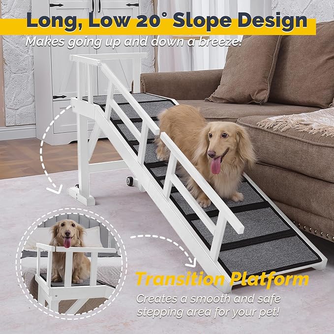 Dog Ramp for Bed or Couch, Wooden Pet Ramp with 20° Gentle Slope, Removable Side Rails, Non-Slip Surface, Top Platform & Wheels, Safe Bed Ramp for Small, Large & Senior Dogs, 60" Long, White