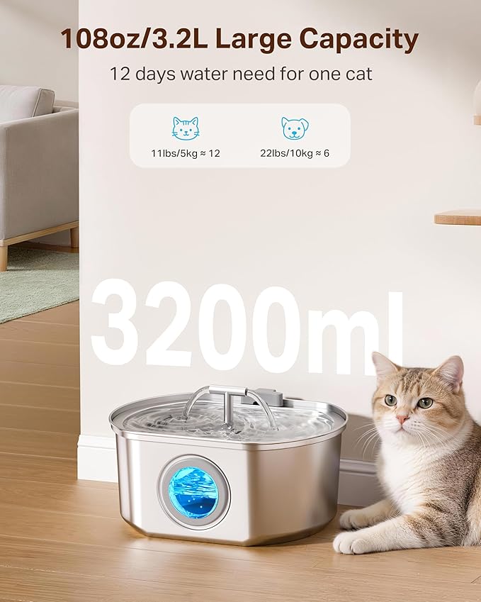Cat Water Fountain Stainless Steel - Pet Drinking Fountain for Cats Indoor - 3.2L/108oz Automatic Water Dispenser with Watering Level Window (4 Filter)