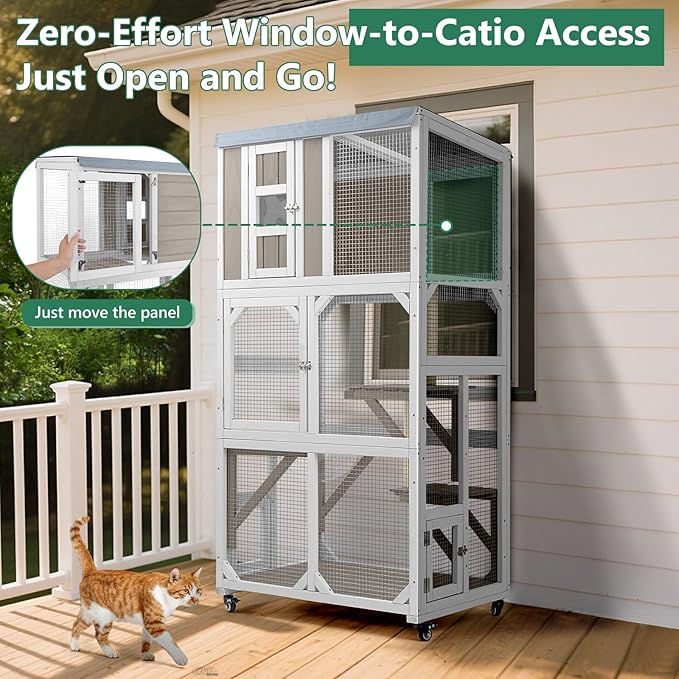 Catio Outdoor Cat Enclosure with Wheels & Weatherproof Roof, Large 63" Window Catio with 3 Platforms, Acrylic Dome, Portable Kitty House for Indoor Cats