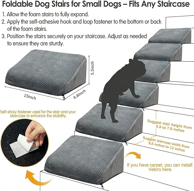 6-Pack Dog Ramp for Stairs, 40D Dog Stairs for Small Dogs with Gentle Slope, Pet Steps for Staircase Stairs, Steps and Stairs Assist for Injured & Aged Pets with Self-Sticky Pads to Fix