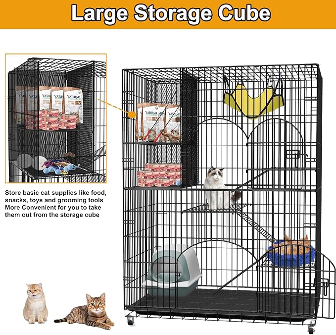 Extra Large Collapsible Cat Cage Indoor with Storage Cube, 4-Tier Cat Crate Black Metal Cat Enclosure with 360° Rotating Casters & Hammock for Kittens, Small Animals