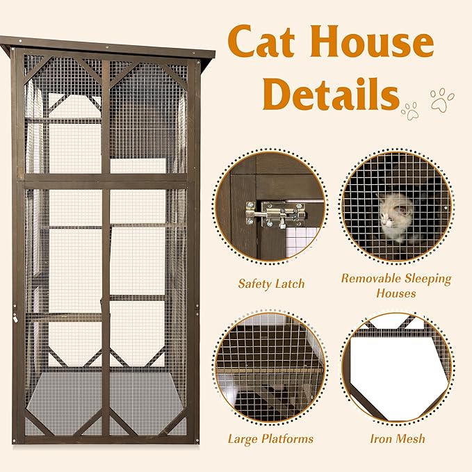 Grepatio Cat Enclosure Large Outdoor Catio Wooden Cat House with Weatherproof, Cat Cage Condo Indoor Playpen with Platform and Small House (Brown)
