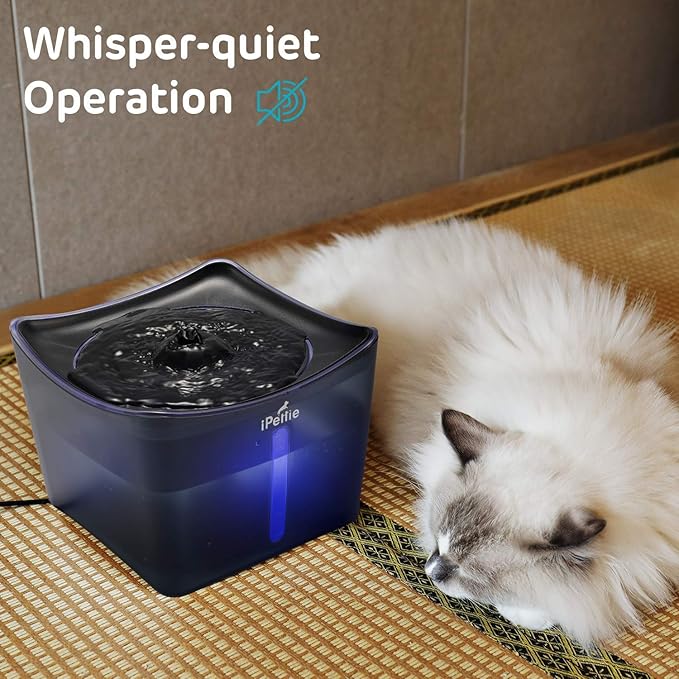 iPettie Kamino Pet Water Fountain, 101oz/3L, Ultra-Quiet Automatic Cat Water Dispenser with LED Light & Water Level Window, Auto Power Off USB Pump & Dual Filters for Cats and Dogs, Translucent Blue