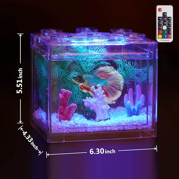 Small Betta Fish Tank, Aquarium Tank Kit with LED Lighting, 0.6 Gallon Stackable Fighting Fish Tank Set, Fish Bowl Accessories for Turtle Reptile Shrimp Crab Insects as Decoration