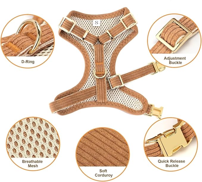 Didog Cute Small Dog Harness Collar and Leash Set with Bowtie, Breathable Soft Mesh Padded Puppy Harness, Dog Harness for Small Dogs Daily Walks Parties, Holiday Gatherings & Gifts, Brown, M